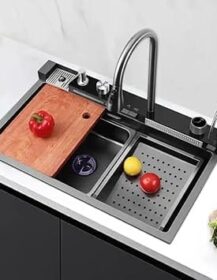 Stainless Steel Kitchen Sink 5 Button 75x46 cm Screen with Cup Washer 7546K