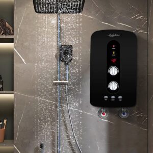 Shower Mixer & Water Heater - Digital Display, Built-In Pump, Black